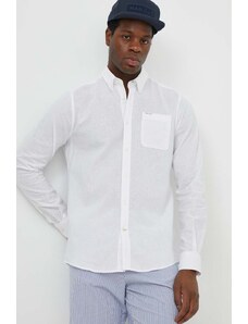 Barbour koszula lniana kolor biały slim z kołnierzykiem button-down