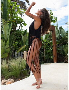 WASSYL Plażowa bawełniana sukienka t-shirt z frędzlami czarna S121