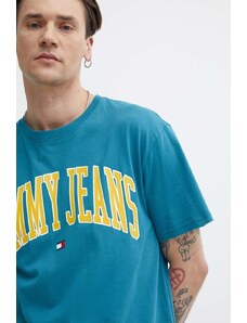 Tommy Jeans t-shirt bawełniany męski kolor turkusowy z nadrukiem DM0DM18558