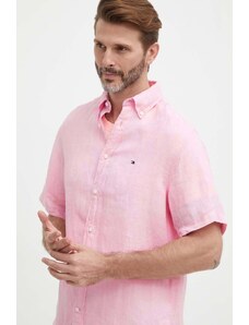 Tommy Hilfiger koszula lniana kolor różowy regular z kołnierzykiem button-down MW0MW35207