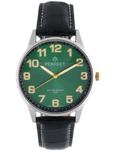 Perfect Zegarek męski kwarcowy zielony klasyczny skórzany pasek C410