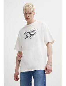 Tommy Jeans t-shirt bawełniany męski kolor beżowy z aplikacją DM0DM18579