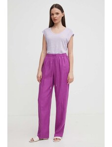 United Colors of Benetton spodnie lniane kolor fioletowy proste high waist