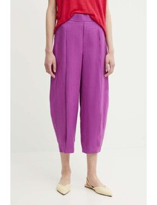 United Colors of Benetton spodnie lniane kolor fioletowy szerokie high waist