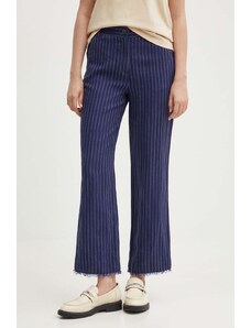Sisley spodnie lniane kolor granatowy proste high waist