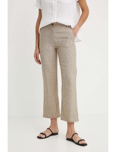 Sisley spodnie lniane kolor beżowy proste high waist