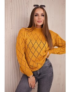 ModaMia Sweter z półgolfem i wzorem w romby musztardowy