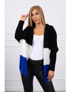 ModaMia Sweter z kapturem trzykolorowy czarny+ecru+chabrowy