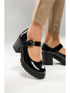 Czarne półbuty skórzane damskie lakierowane Mary Jane na szerokim klocku bieżnikowana platforma pasek ze złotą klamrą PRODUKT POLSKI Casu 79833