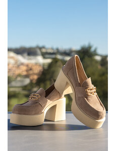 Beżowe mokasyny skórzane damskie na szerokim klocku złota ozdoba PRODUKT POLSKI Casu 20170-NO