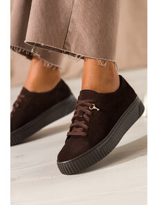 Czekoladowe sneakersy skórzane damskie buty sportowe na platformie z kłódką sznurowane PRODUKT POLSKI Casu 1145
