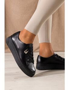 Czarne sneakersy skórzane damskie buty sportowe na platformie z kłódką sznurowane PRODUKT POLSKI Casu 1145