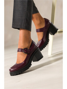 Bordowe półbuty skórzane damskie Mary Jane na szerokim klocku bieżnikowana platforma pasek ze stalową klamrą PRODUKT POLSKI Casu 79833