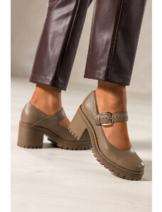 Ciemnobeżowe półbuty skórzane damskie Mary Jane na szerokim klocku bieżnikowana platforma pasek ze złotą klamrą PRODUKT POLSKI Casu 79833