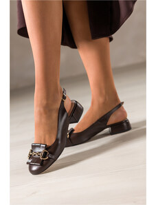 Czekoladowe czółenka skórzane damskie na niskim obcasie odkryta pięta złota ozdoba PRODUKT POLSKI Casu 7074-704