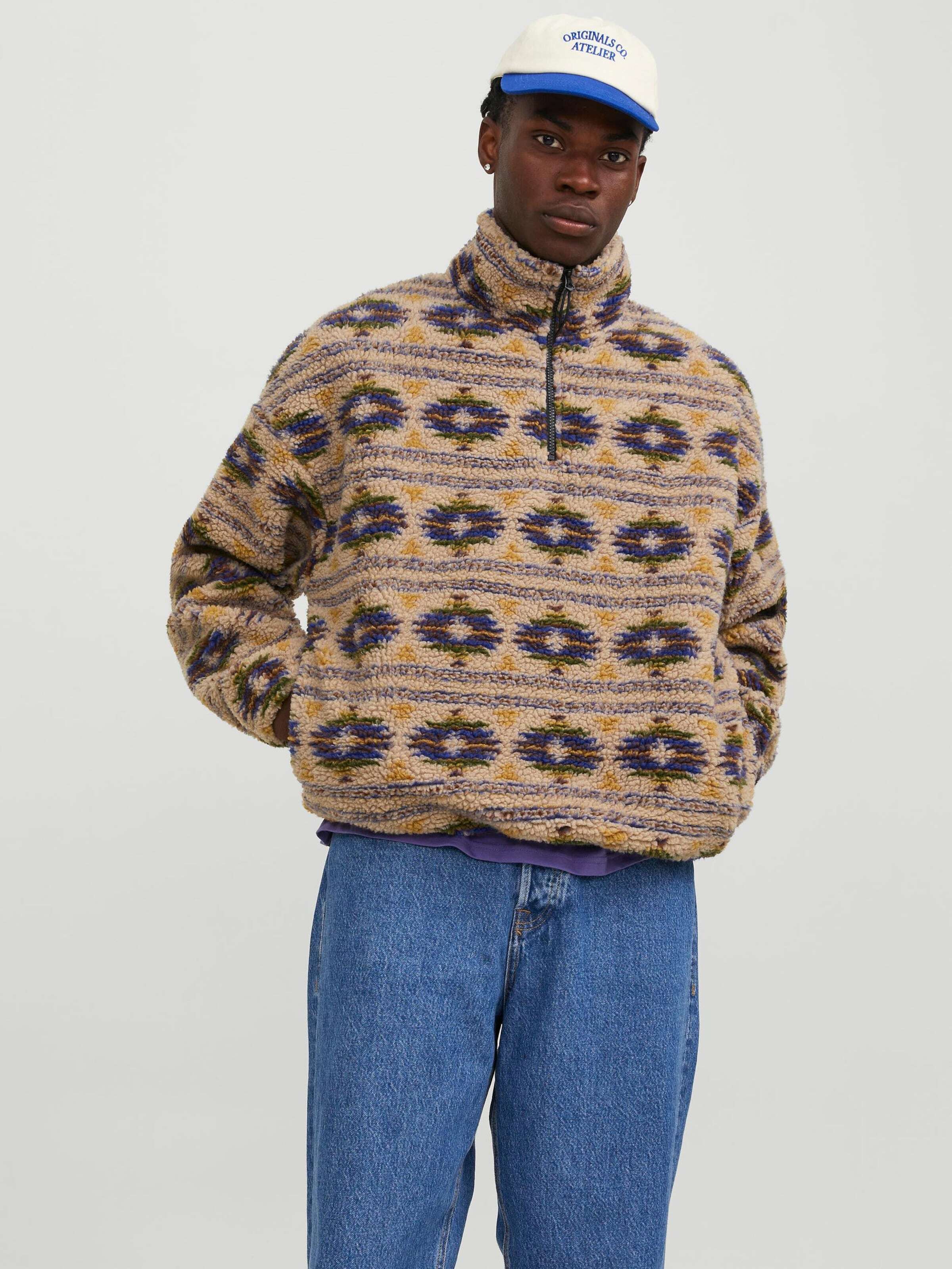 JACK & JONES Sweter 'Diamond' ciemny beż / ciemny niebieski / ciemnożółty / trawa zielona