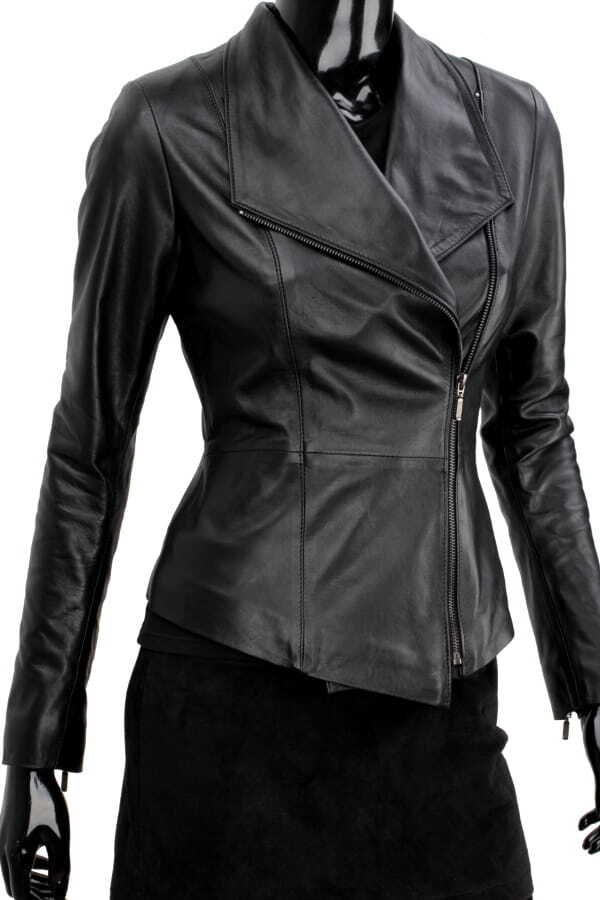 EMI450 - czarna kurtka skórzana damska z szerokim kołnierzem DORJAN