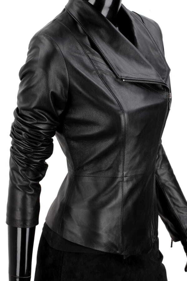EMI450 - czarna kurtka skórzana damska z szerokim kołnierzem DORJAN