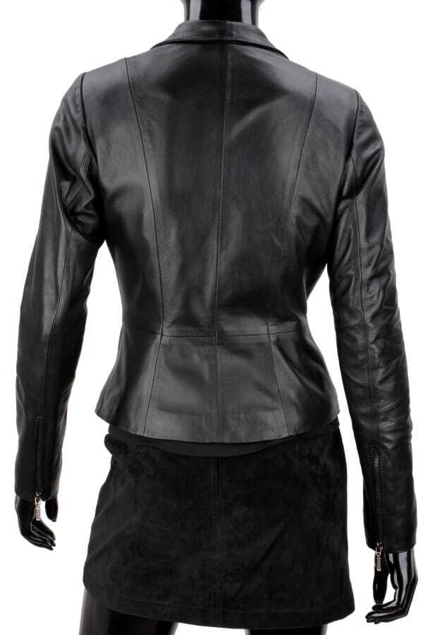 EMI450 - czarna kurtka skórzana damska z szerokim kołnierzem DORJAN