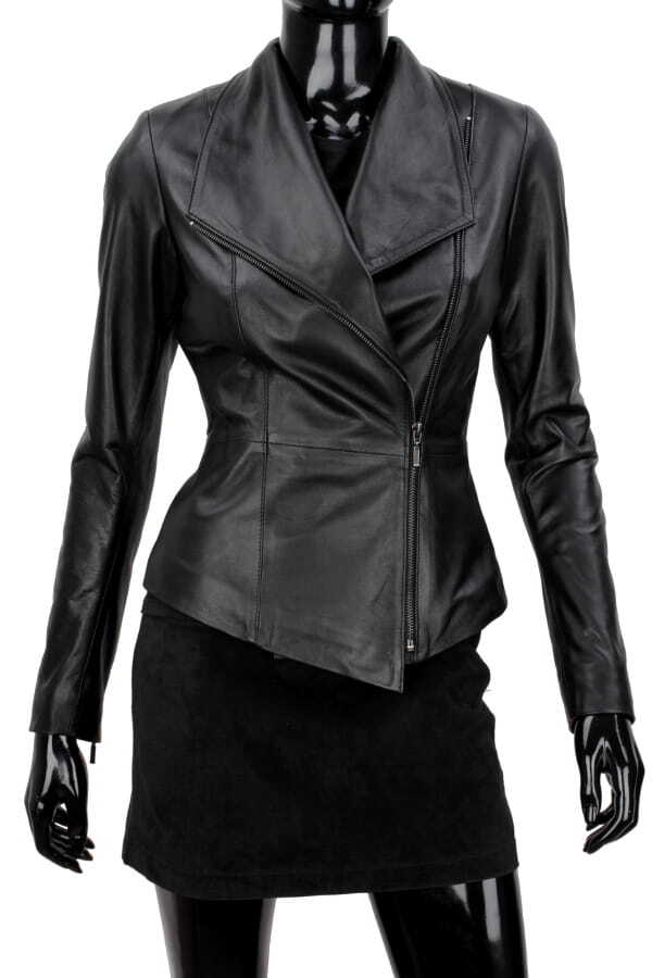 EMI450 - czarna kurtka skórzana damska z szerokim kołnierzem DORJAN