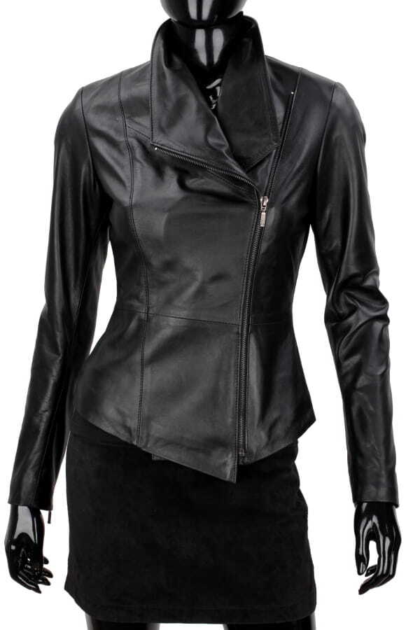 EMI450 - czarna kurtka skórzana damska z szerokim kołnierzem DORJAN