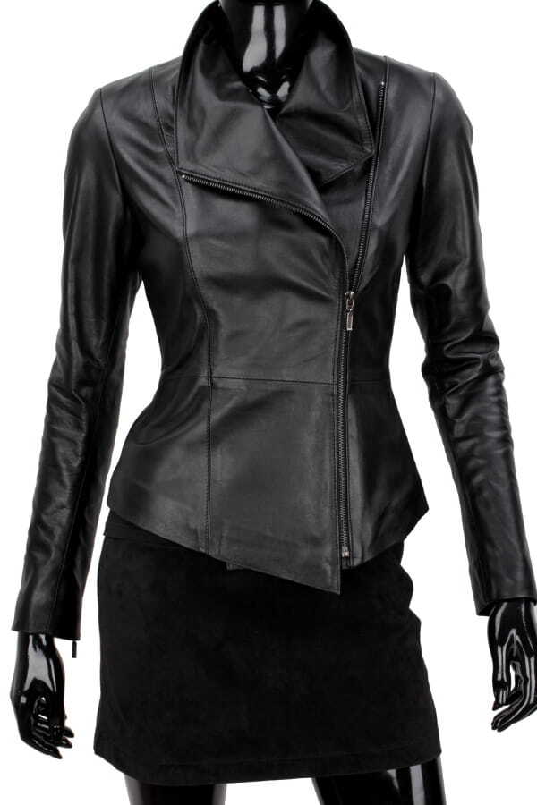 EMI450 - czarna kurtka skórzana damska z szerokim kołnierzem DORJAN