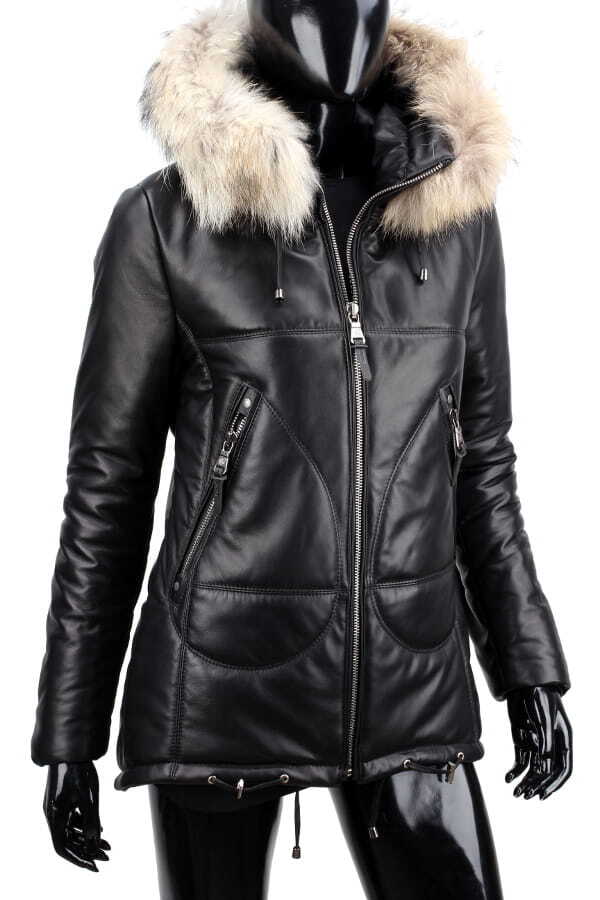 CARLO MONTI ADL450 - ocieplana czarna parka skórzana damska z kapturem DORJAN