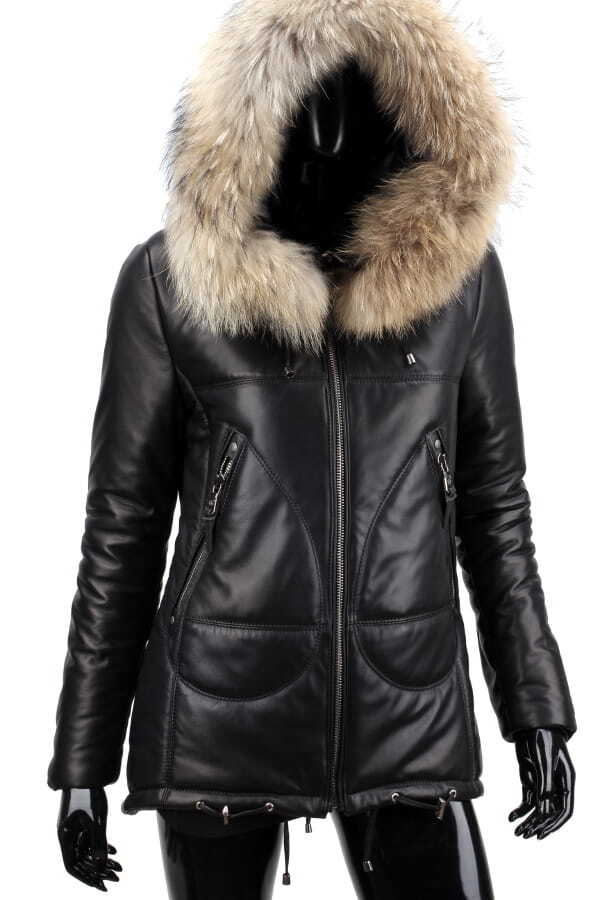 CARLO MONTI ADL450 - ocieplana czarna parka skórzana damska z kapturem DORJAN