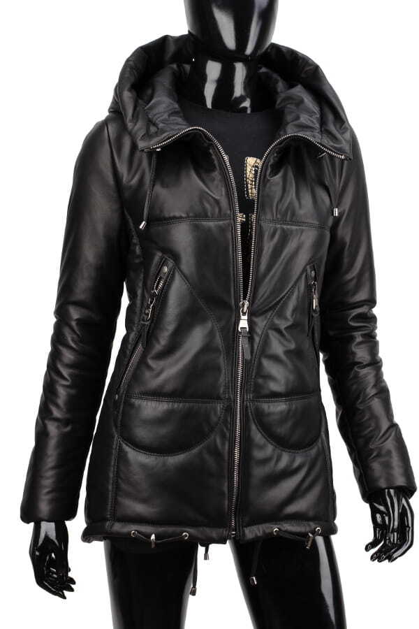 CARLO MONTI ADL450 - ocieplana czarna parka skórzana damska z kapturem DORJAN
