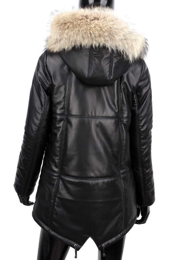 CARLO MONTI ADL450 - ocieplana czarna parka skórzana damska z kapturem DORJAN