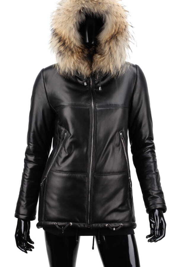 CARLO MONTI ADLA450 - czarna parka skórzana damska z futerkiem na kapturze DORJAN