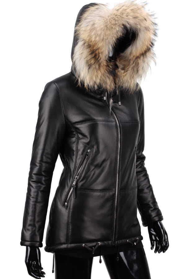 CARLO MONTI ADLA450 - czarna parka skórzana damska z futerkiem na kapturze DORJAN