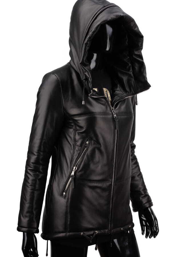 CARLO MONTI ADLA450 - czarna parka skórzana damska z futerkiem na kapturze DORJAN