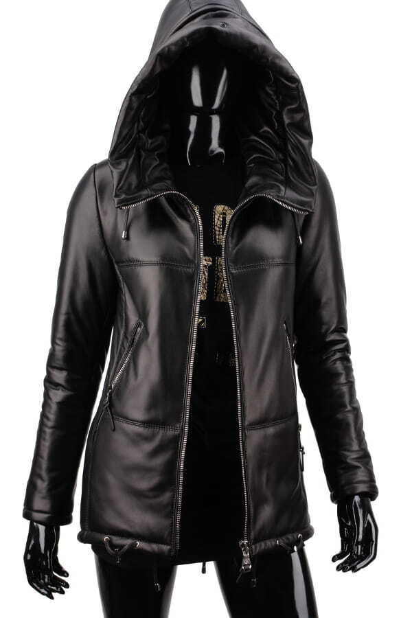 CARLO MONTI ADLA450 - czarna parka skórzana damska z futerkiem na kapturze DORJAN