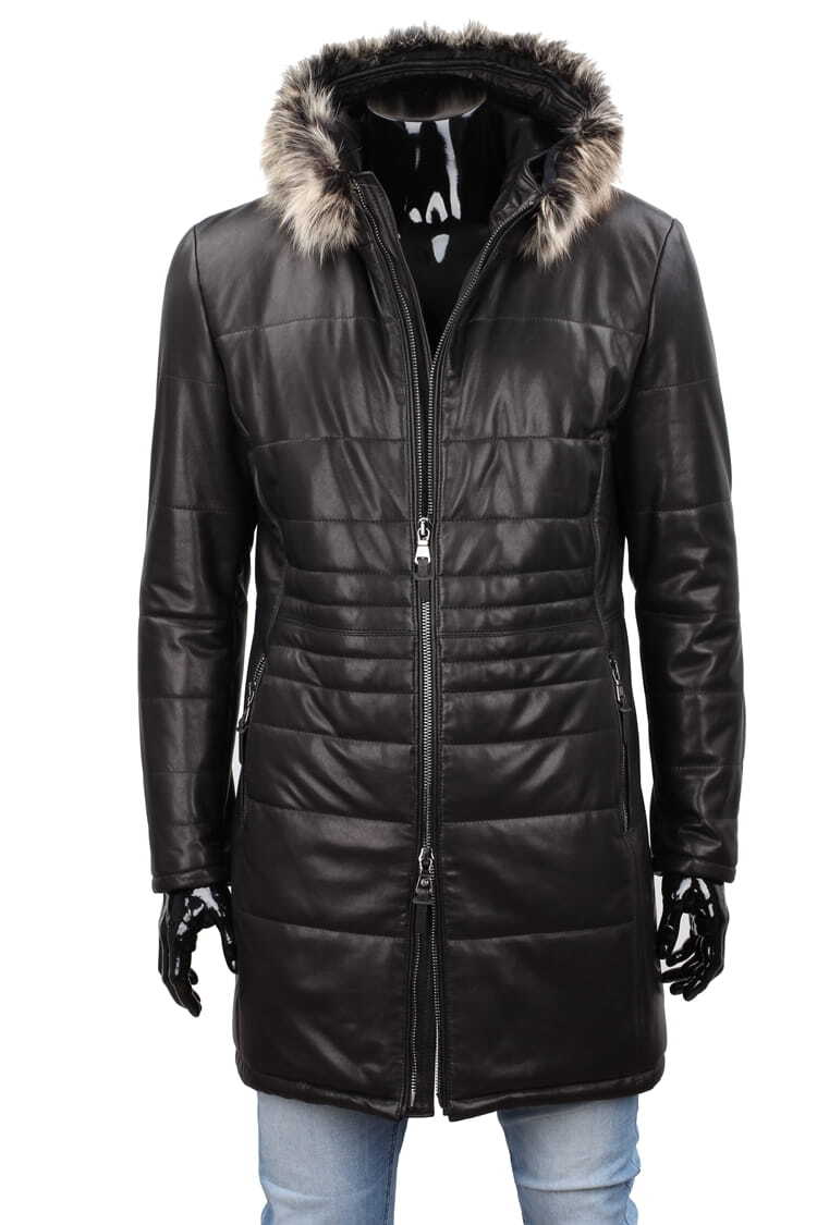 CARLO MONTI EDW450 - Ciepły pikowany płaszcz skórzany męski z kapturem DORJAN