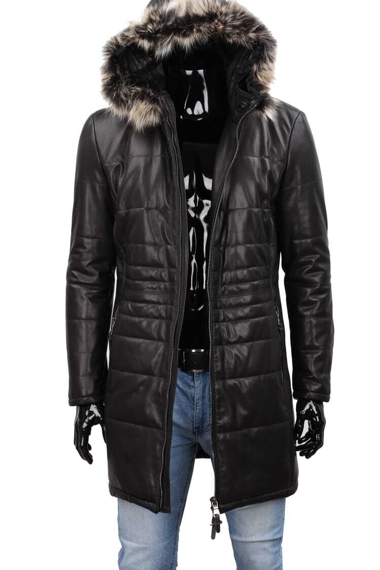 CARLO MONTI EDW450 - Ciepły pikowany płaszcz skórzany męski z kapturem DORJAN