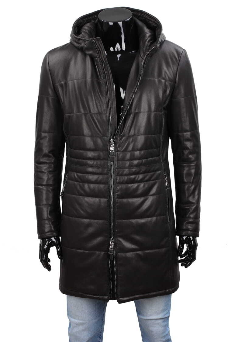 CARLO MONTI EDW450 - Ciepły pikowany płaszcz skórzany męski z kapturem DORJAN