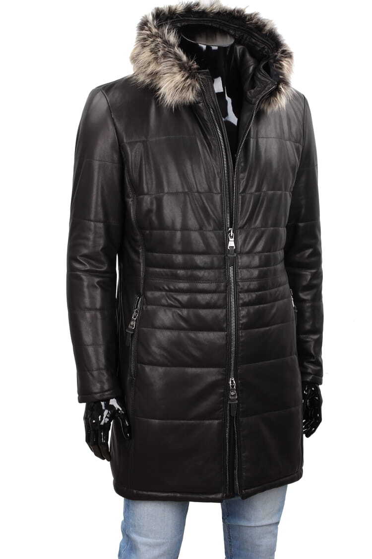 CARLO MONTI EDW450 - Ciepły pikowany płaszcz skórzany męski z kapturem DORJAN