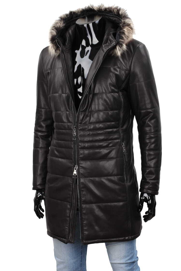 CARLO MONTI EDW450 - Ciepły pikowany płaszcz skórzany męski z kapturem DORJAN