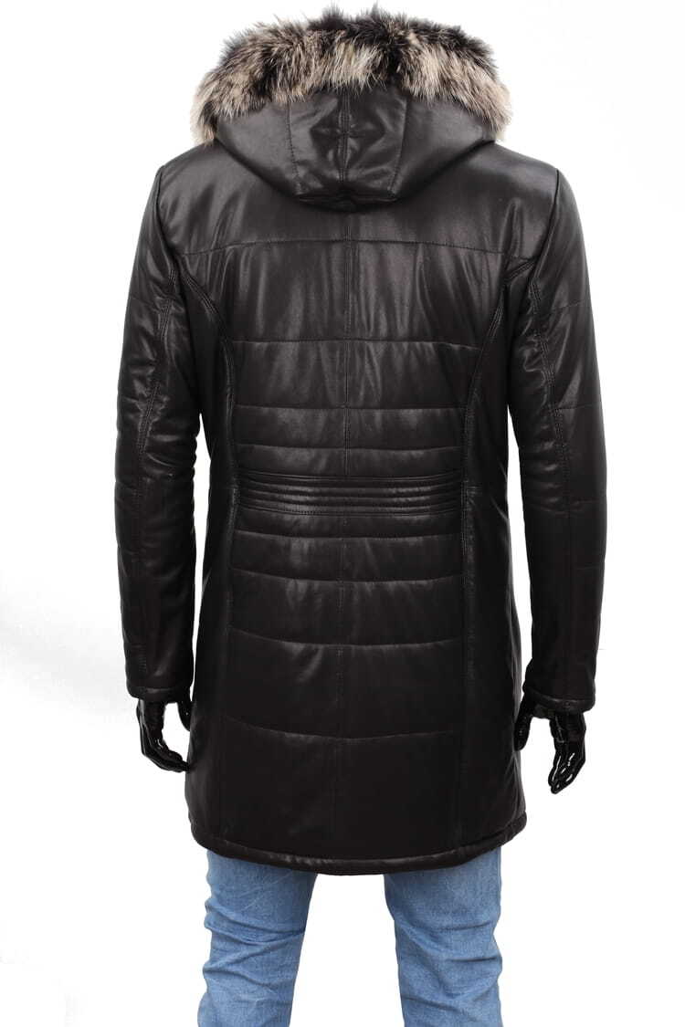 CARLO MONTI EDW450 - Ciepły pikowany płaszcz skórzany męski z kapturem DORJAN