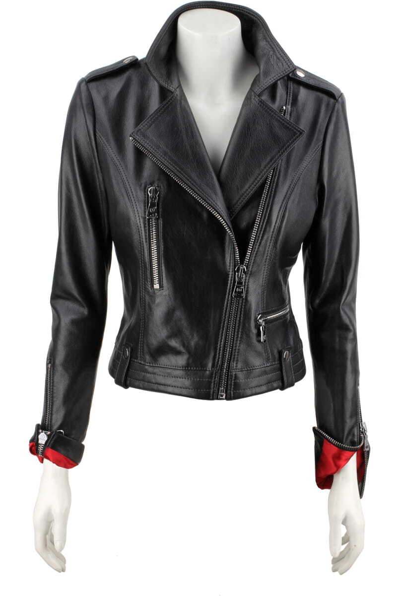 AUR450 - Rockowa ramoneska skórzana z czerwoną podszewką DORJAN