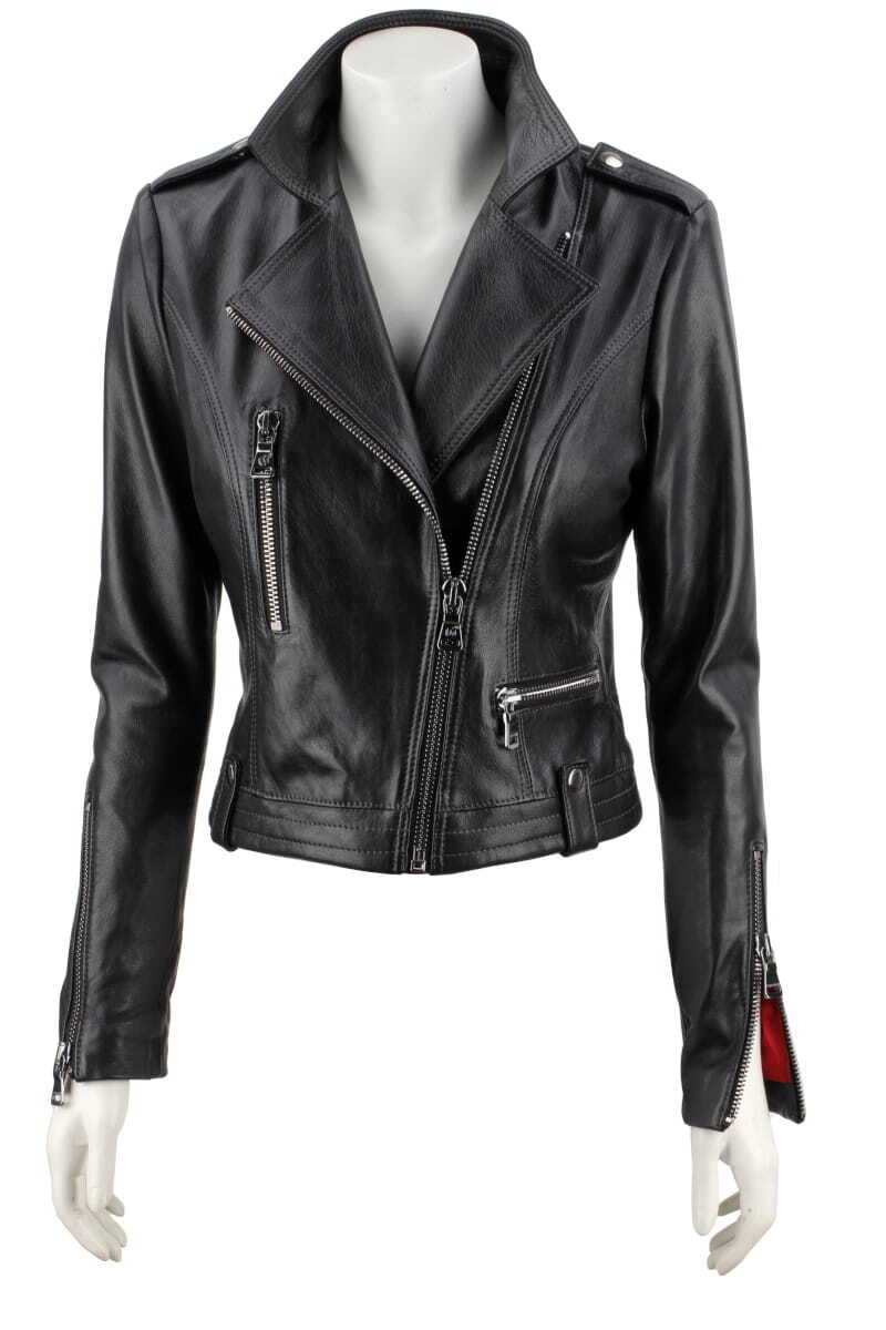 AUR450 - Rockowa ramoneska skórzana z czerwoną podszewką DORJAN