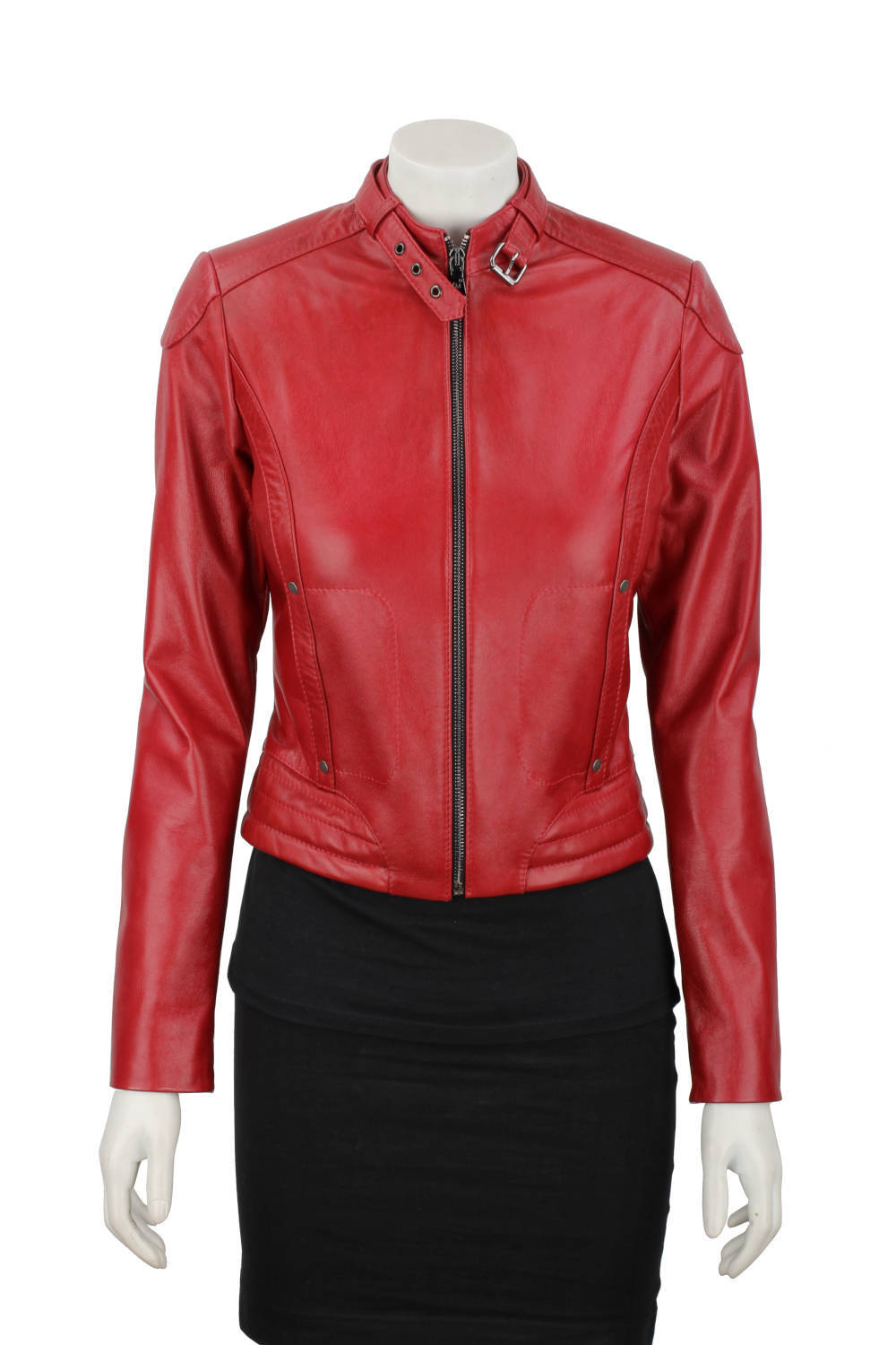 EWA467 - Czerwona skórzana kurtka damska w typie kurtki biker DORJAN