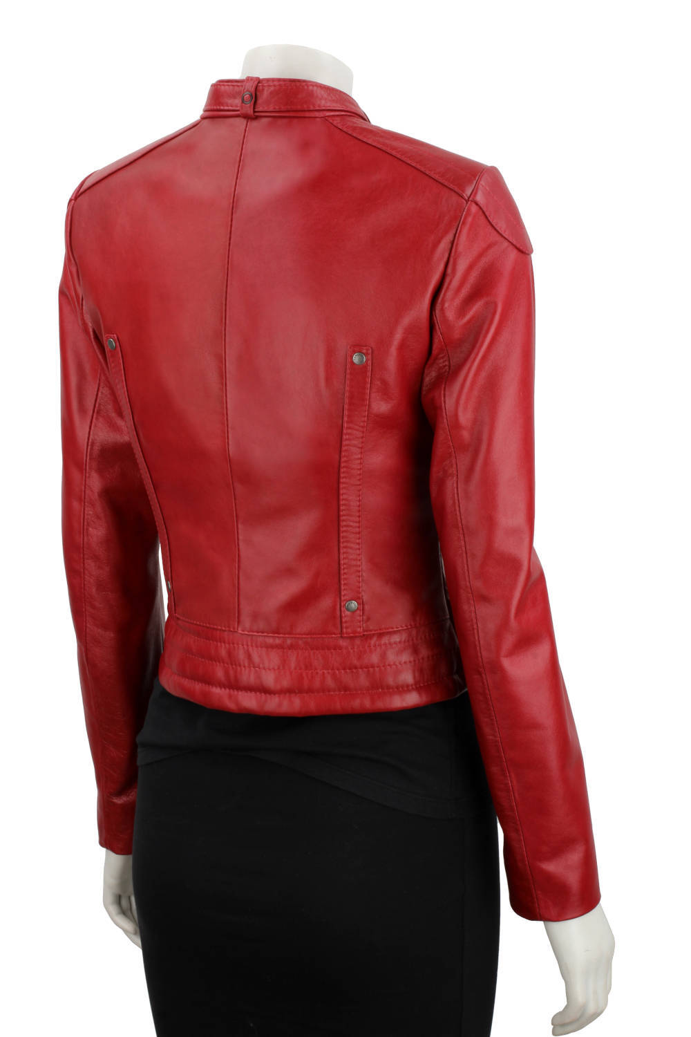 EWA467 - Czerwona skórzana kurtka damska w typie kurtki biker DORJAN