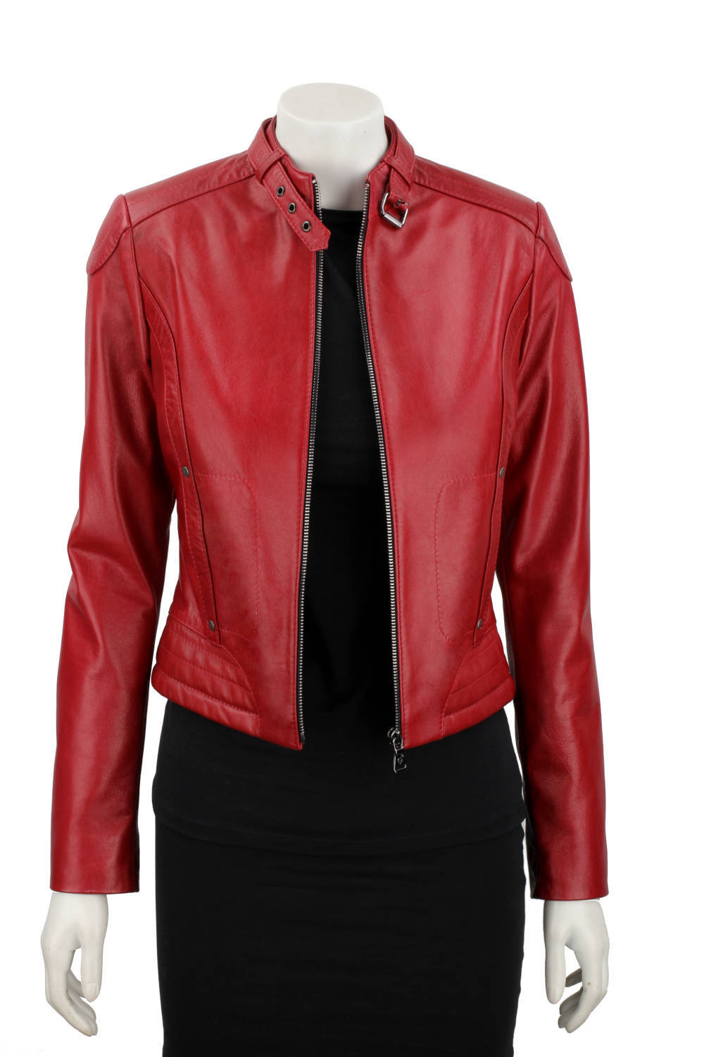 EWA467 - Czerwona skórzana kurtka damska w typie kurtki biker DORJAN
