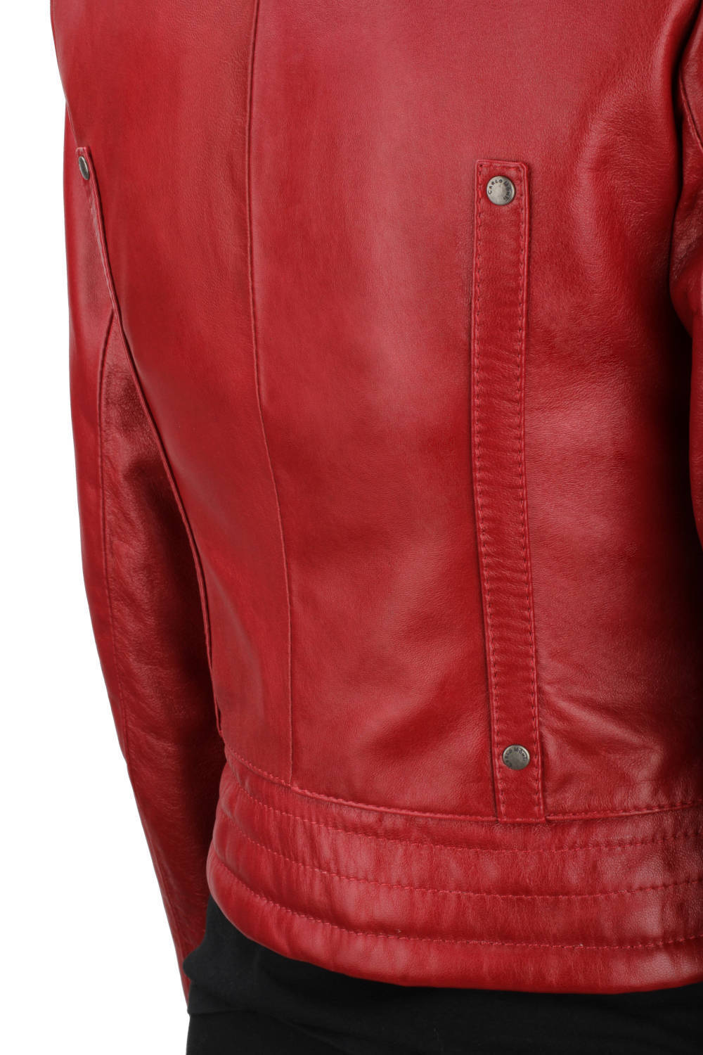 EWA467 - Czerwona skórzana kurtka damska w typie kurtki biker DORJAN