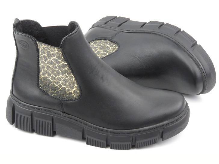 Skórzane sztyblety damskie z panterką - HELIOS Komfort 510S, czarne