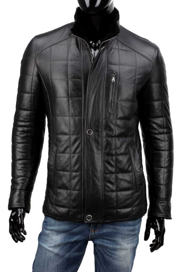 CARLO MONTI PAB450_1 - Czarna kurtka skórzana męska pikowana w kratę DORJAN