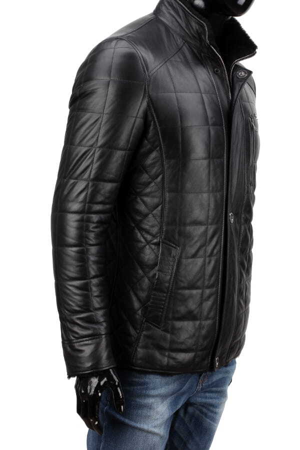 CARLO MONTI PAB450_1 - Czarna kurtka skórzana męska pikowana w kratę DORJAN