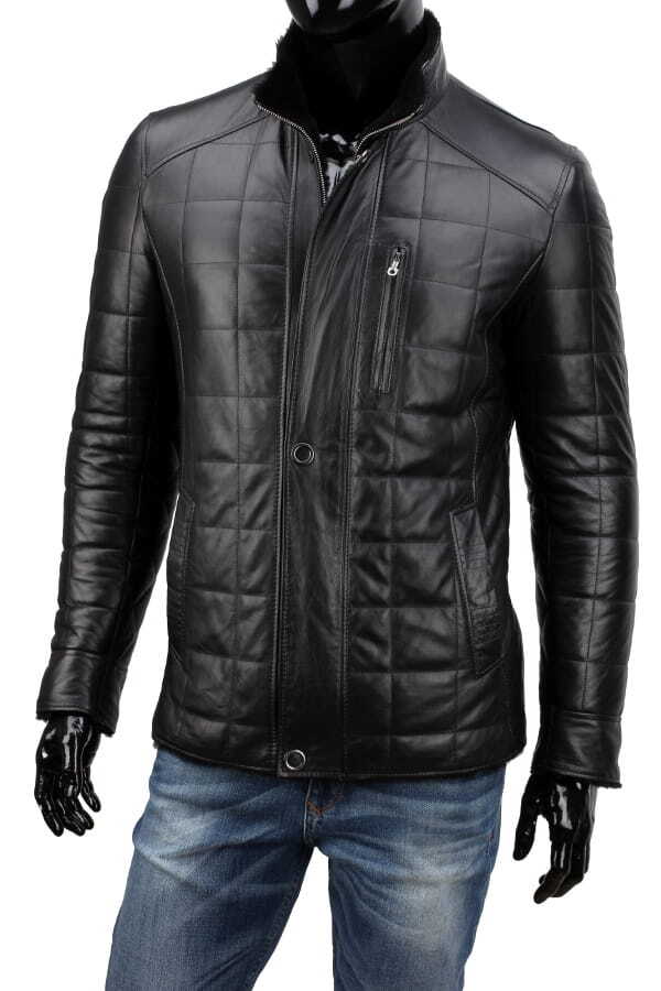 CARLO MONTI PAB450_1 - Czarna kurtka skórzana męska pikowana w kratę DORJAN